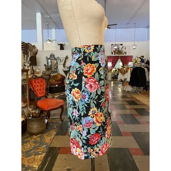 1980s denim skirt and jacket bright flower print 80s fashion 2 piece jean sm - Picture 9 of 10